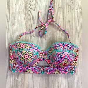 Shade & Shore Bikini Top Sz 36D Pool BeachTribal Aztec Floral Neon Halter Resort